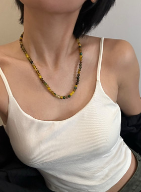 734原创简约藏风毛衣链新中式复古军绿迷彩天然玛瑙石设计感项链