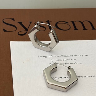 734钛钢不掉色夸张欧美风耳饰白金色几何耳扣空心菱形耳环