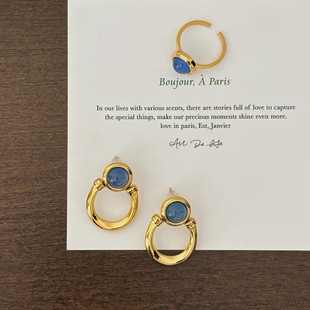 734钛钢光面马蹄圆环耳环温柔欧美原创蓝色海洋风耳钉