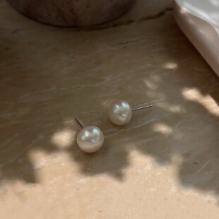 734高亮925银针淡水天然珍珠半圆馒头珠耳钉/9-10mm微瑕 清货