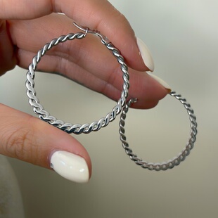 734钛钢不掉色麻花大圈圈耳环白金色精工轻盈版本耳圈