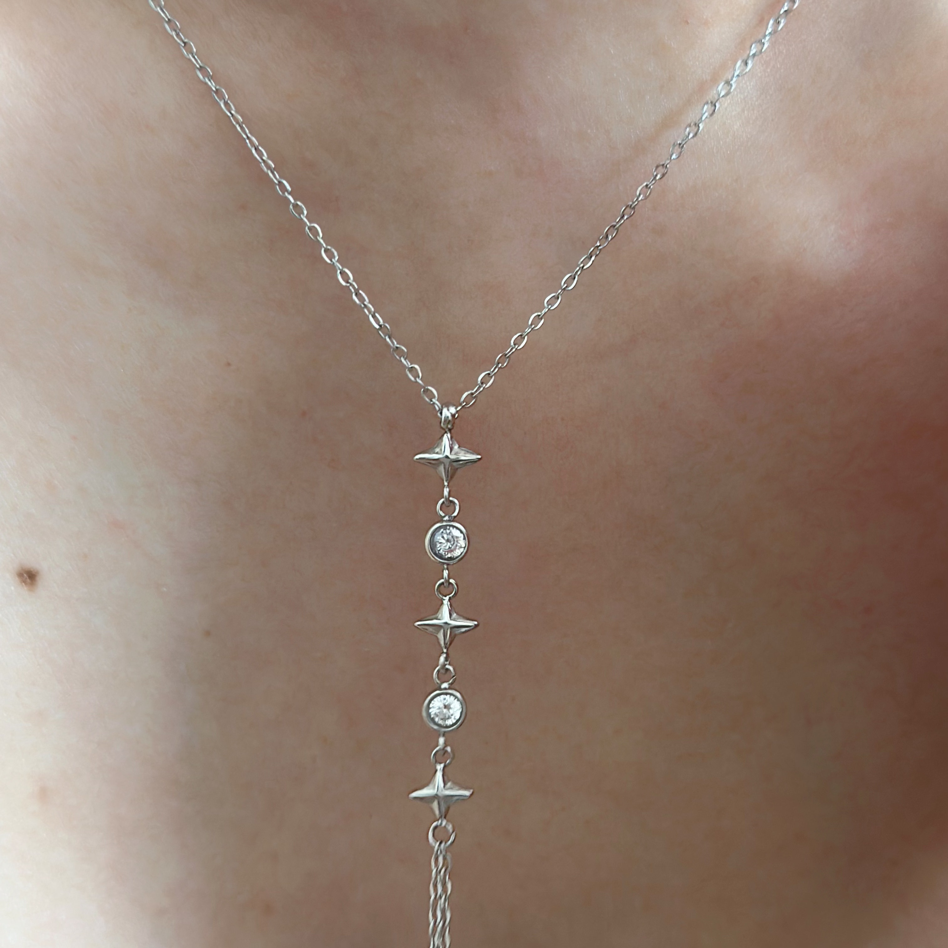 734钛钢星星亮晶晶项链锆石原创设计y字链锁骨毛衣链白金色