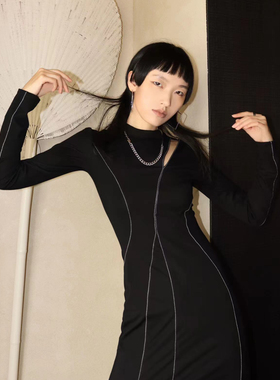 INBUILT 原创黑色镂空个性设计感连衣裙立领长袖气质修身针织长裙