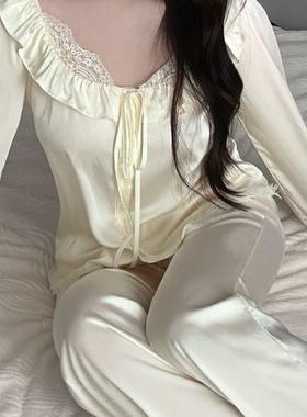 ind法式柔白*性感睡衣女公主风冰丝纯欲风蕾丝长袖法式仙女家居服