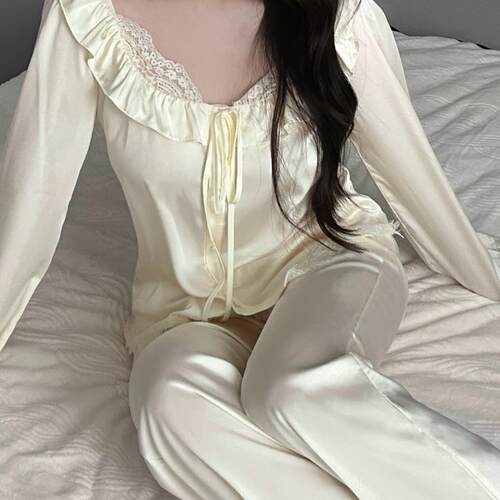 ind法式柔白*性感睡衣女公主风冰丝纯欲风蕾丝长袖法式仙女家居服