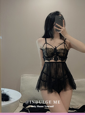 indulge me 芭蕾舞娘*法式浪漫吊带性感诱惑黑色蕾丝睡裙套装