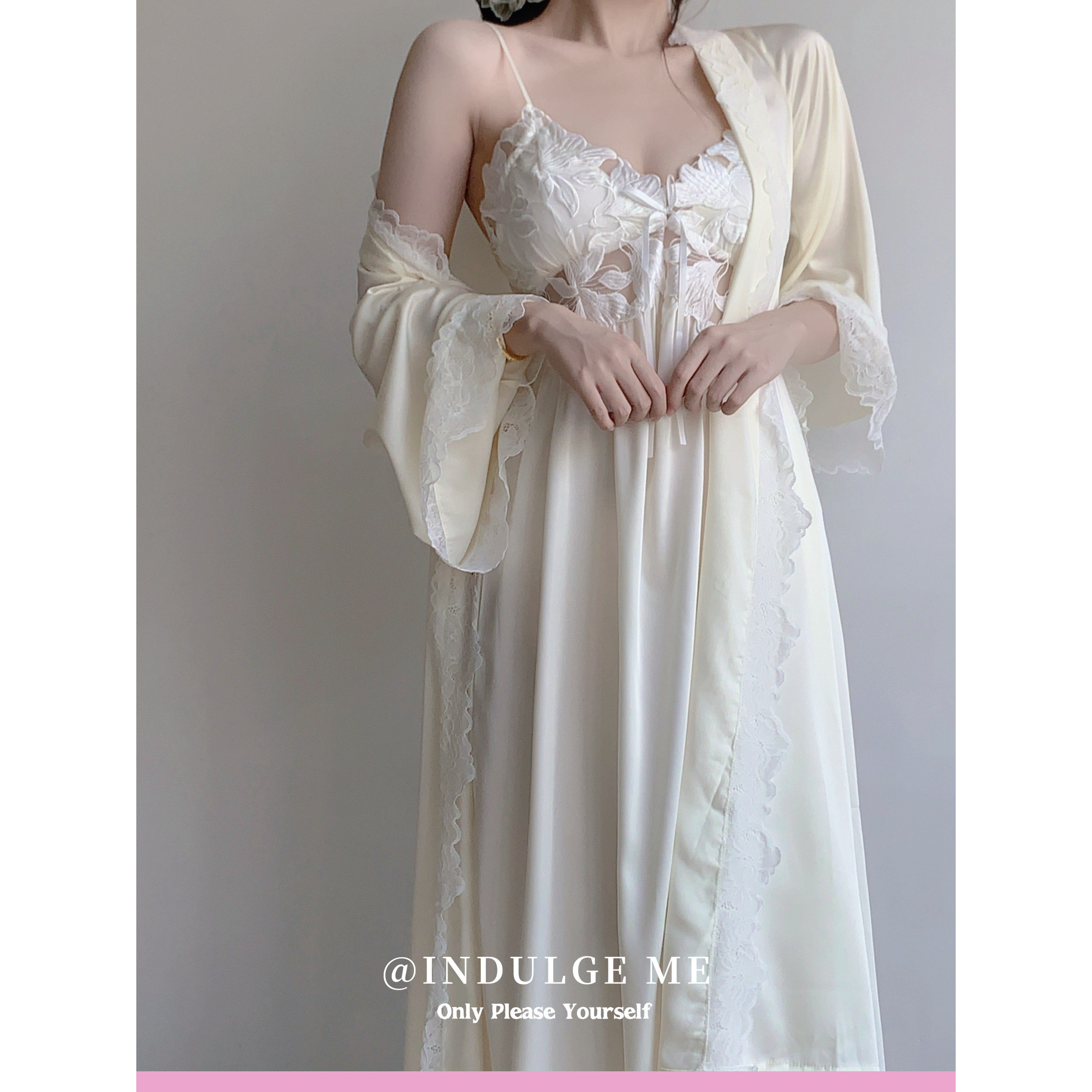 ind月下华尔兹*法式浪漫吊带睡裙带胸垫宫廷风睡袍两件套高级睡衣