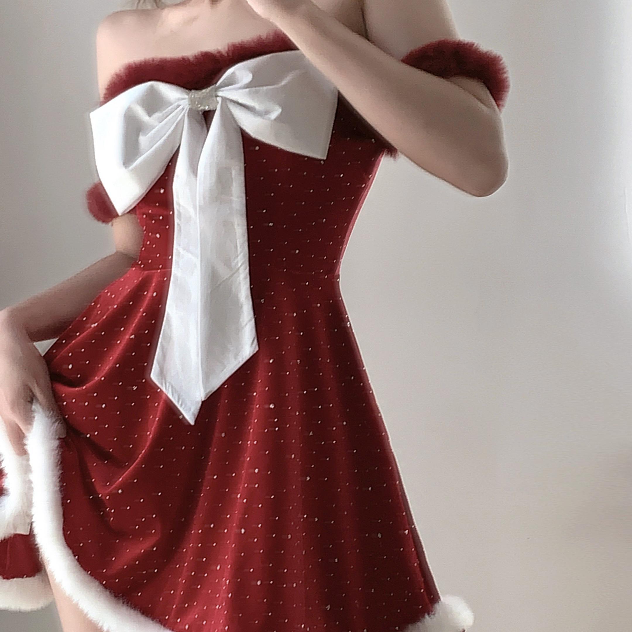 ind冬日星语*性感睡裙女原创蝴蝶结抹胸酒红新年cos装蓬蓬公主裙