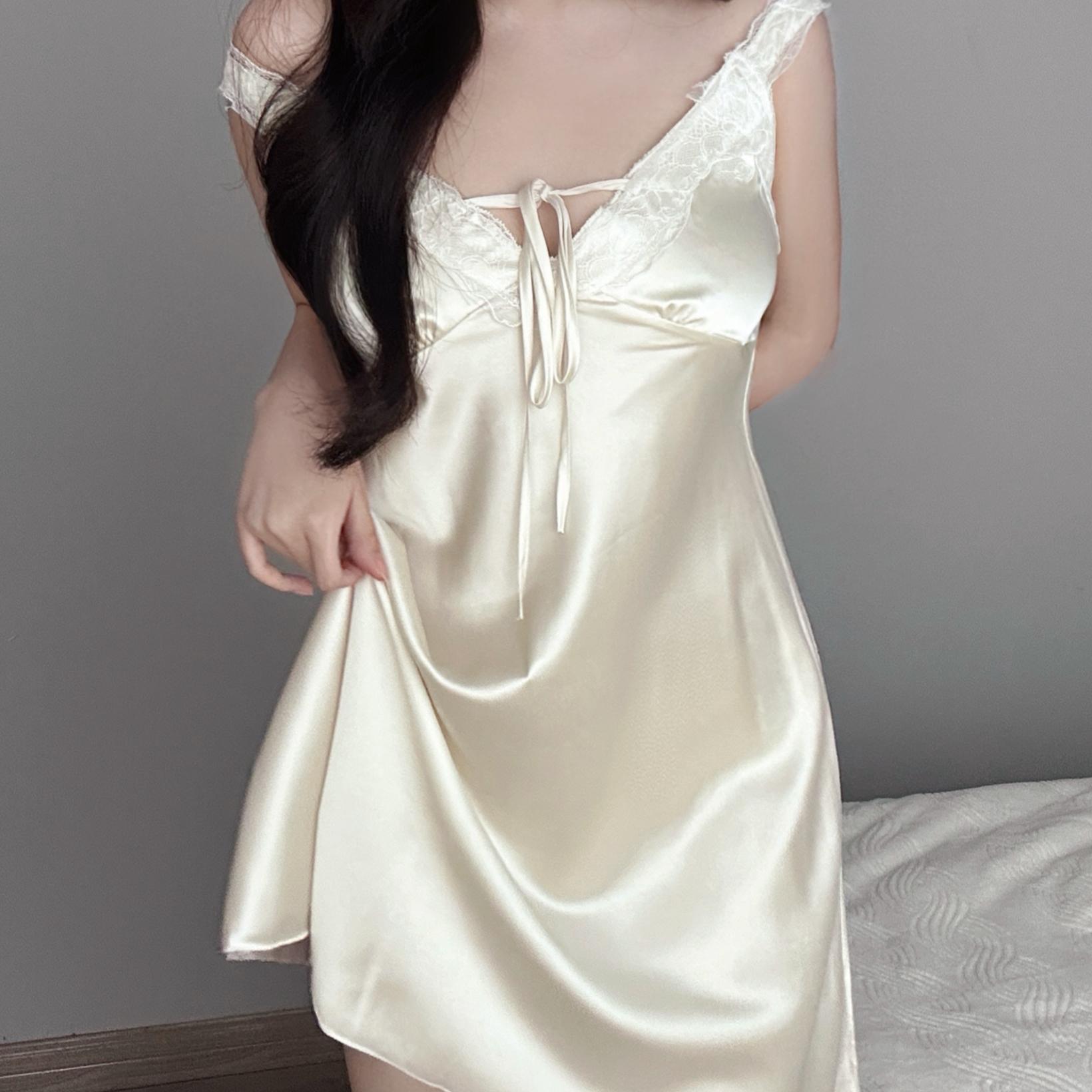 ind雪允*纯欲吊带睡裙香槟白法式蕾丝蝴蝶结吊带裙显瘦丝滑睡衣裙