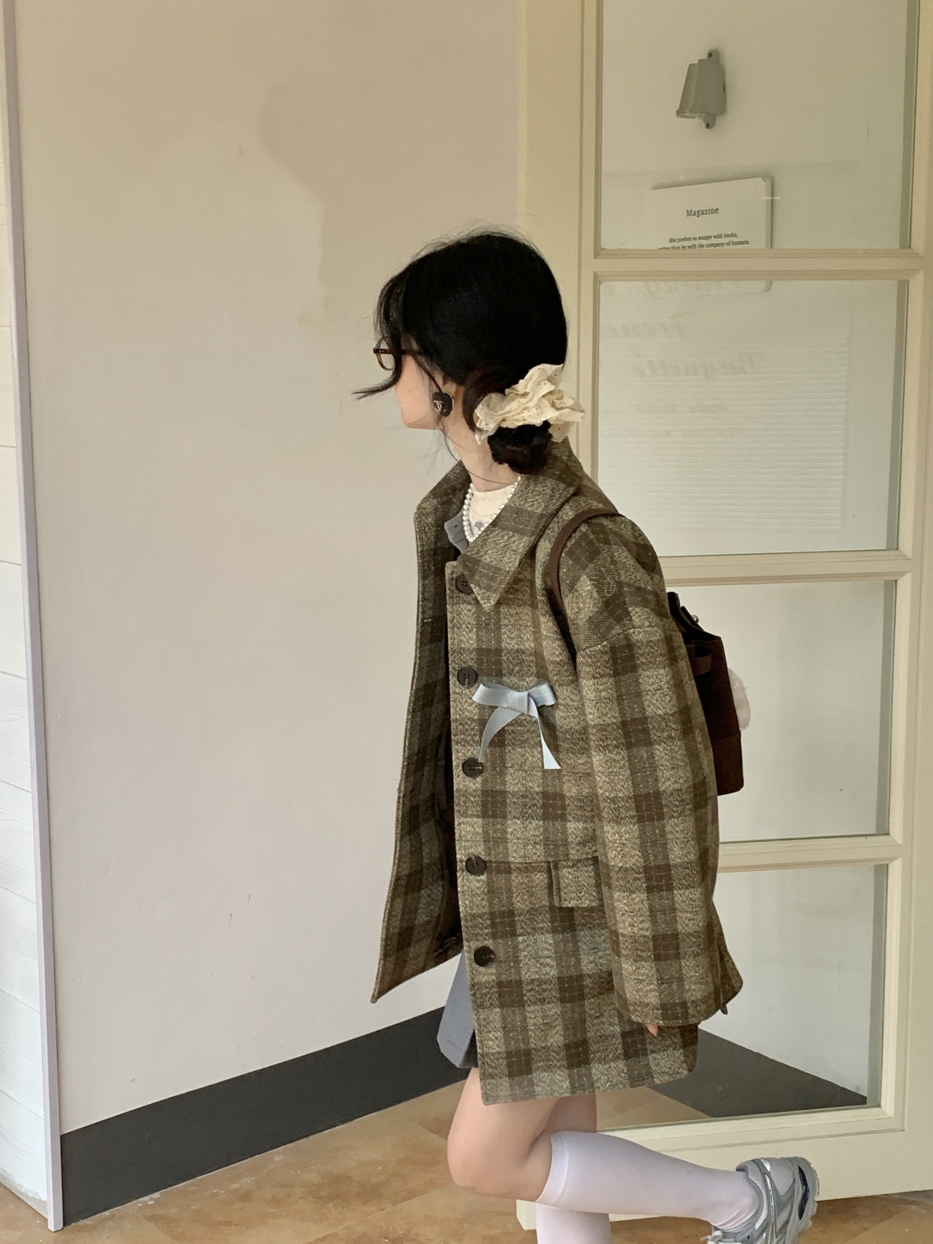 伦敦研读生格纹毛呢套装外套
