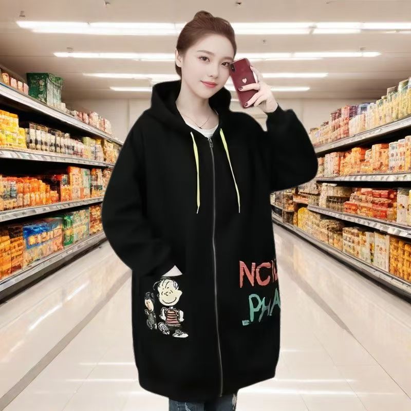 纯色加绒加肥加大外套印花卫衣开衫中长款胖mm保暖连帽宽松连帽衣