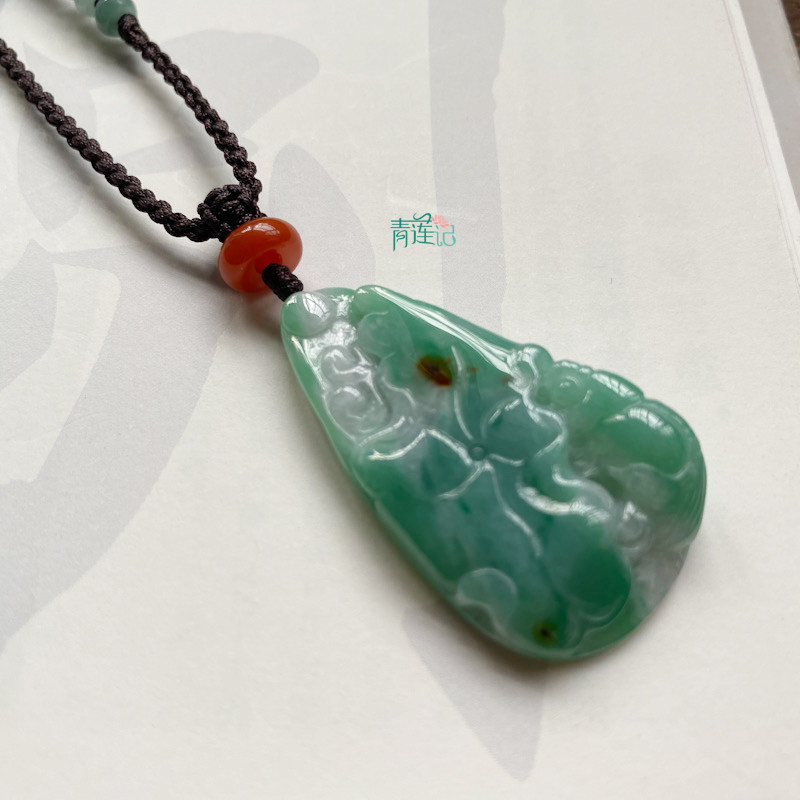 【青莲记】纯手工编织缅甸天然A货翡翠绿色荷叶鱼随形吊坠项链