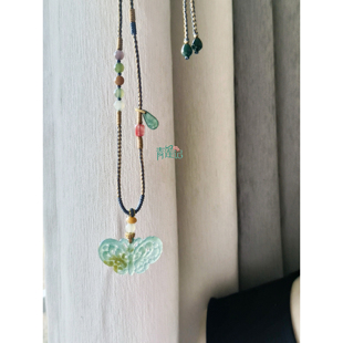 【青莲记】原创纯手工编织天然A货翡翠镂空蝴蝶吊坠项链毛衣链