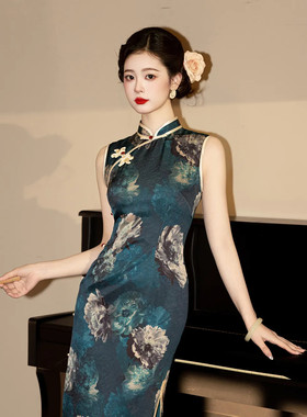 复古风无袖旗袍女新中式绝美墨绿色花色民国风气质中长裙日常