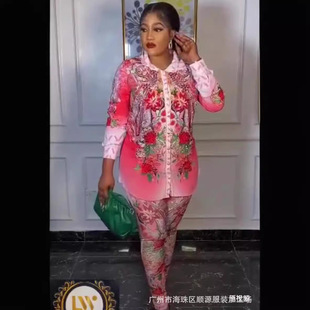 非洲大码休闲印花烫钻套装Africa women轻盈特大码舒适