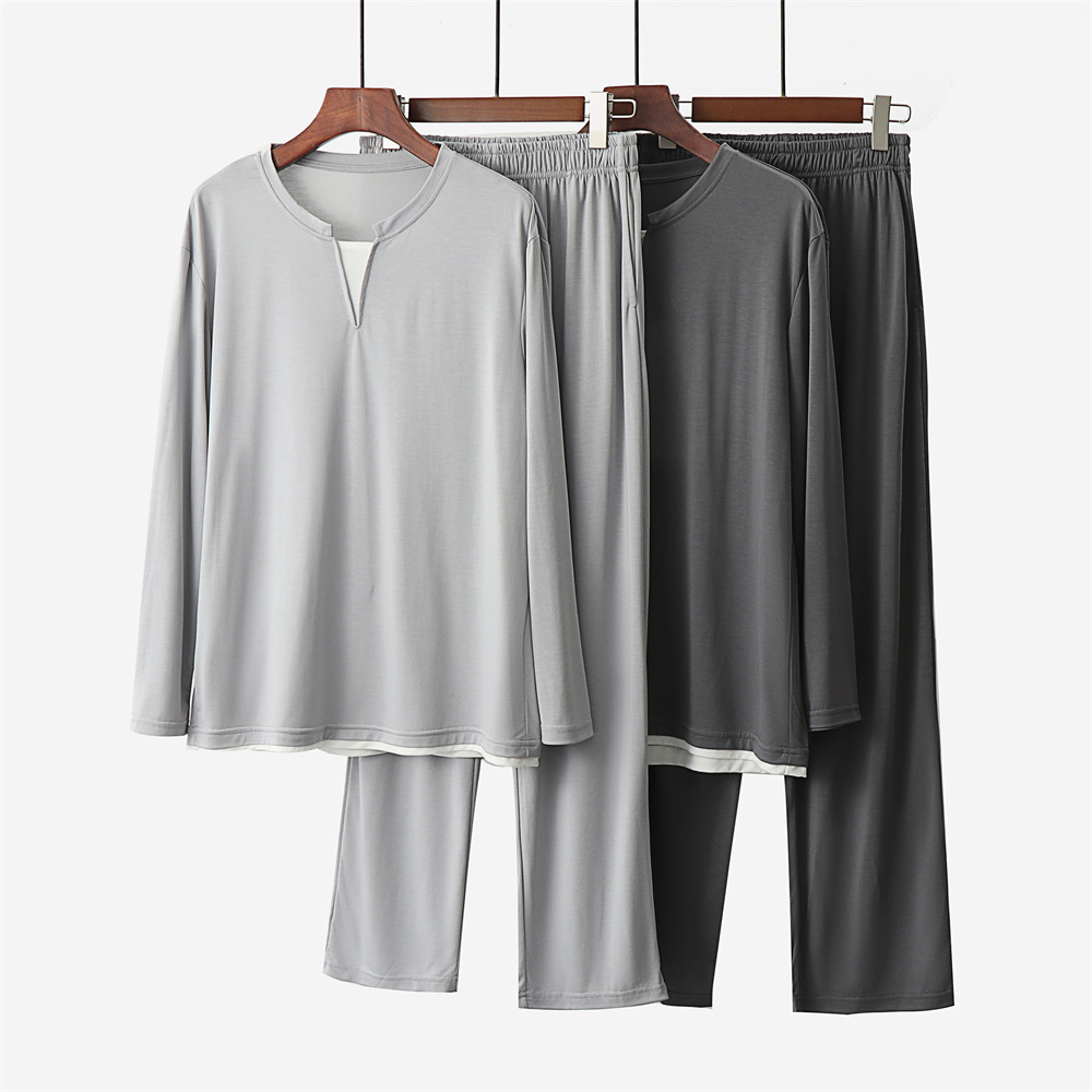 椰油优可丝 超柔软睡衣男春夏V领假两件长袖休闲套装可外穿家居服