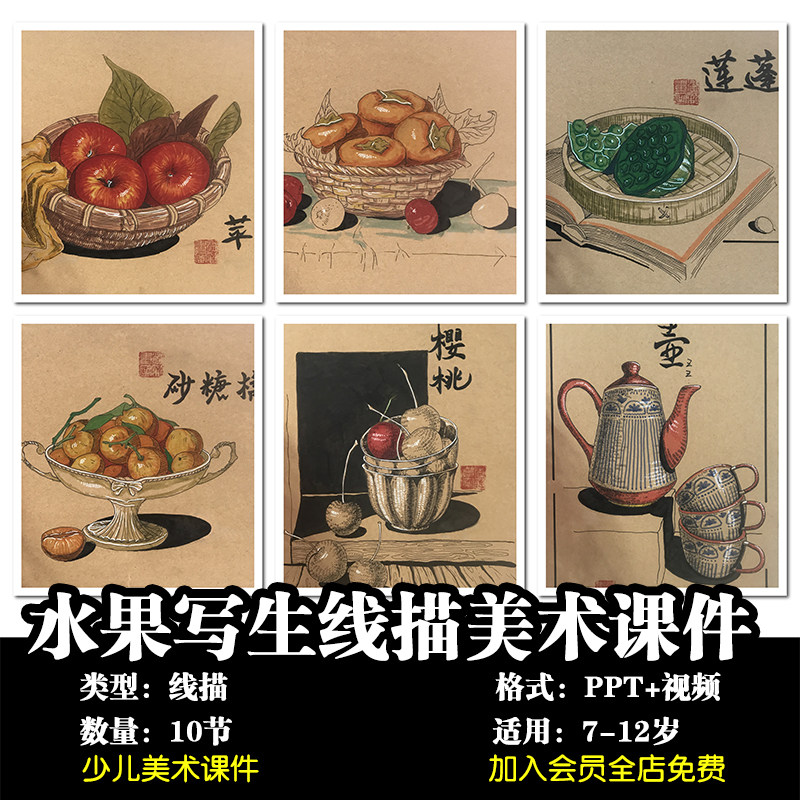 少儿美术 zz线描 水果专栏线描写生10节ppt 视频讲解课件范画素材