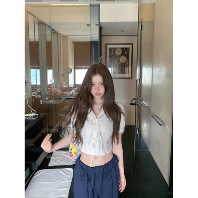学院风蝴蝶结短袖白色衬衫女夏季设计感上衣