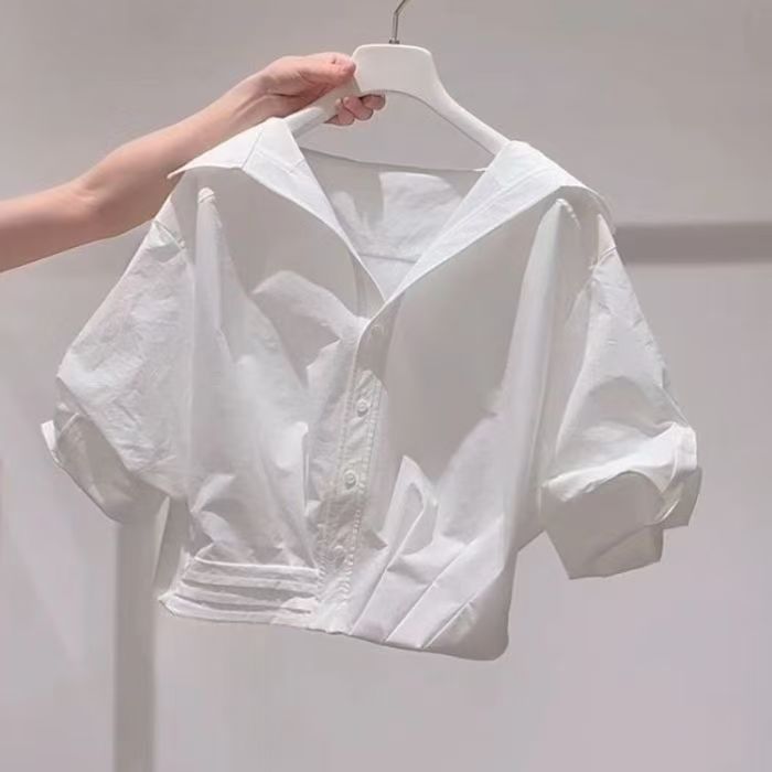 法式小资白色正肩短袖衬衫女夏季小衫高级感泡泡袖小个子短款上衣