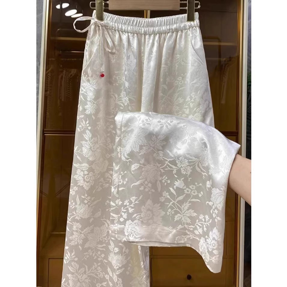 清仓捡漏提花缎面阔腿裤女夏薄款松紧高腰休闲裤小个子大码直筒裤