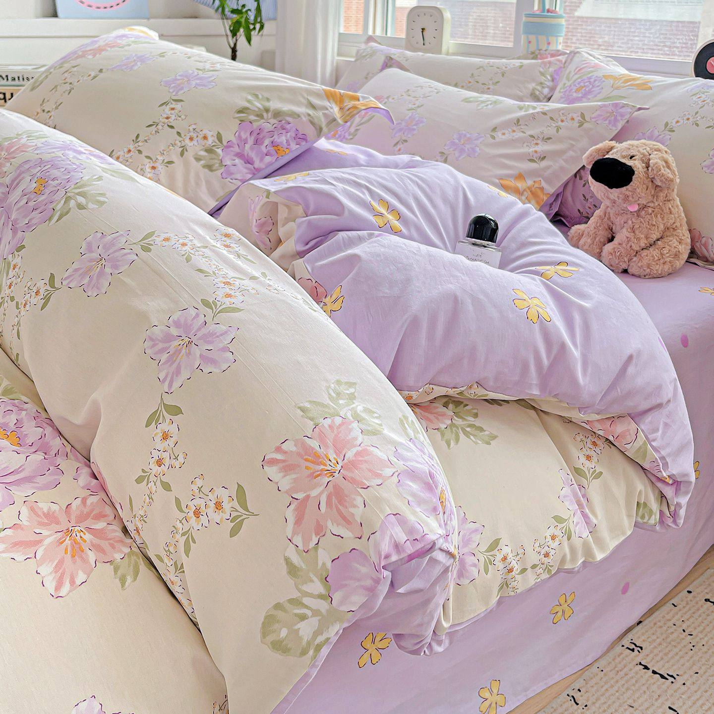 粉色花朵图案纯棉四件套被套床单枕套三件套温馨浪漫家居装饰