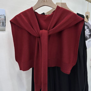 安可拉红条纹针织小披肩春秋新款百搭假领坎肩减龄配裙子外披上衣