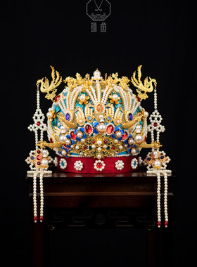 琉鱼汉服明制凤冠九龙五翟冠仿点翠珍珠挑牌配饰婚礼金色蓝色华丽