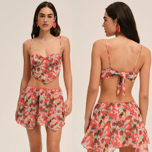 红玫瑰话题 美式辣妹立体钢圈吊带背心短款上衣不规则花边半身裙