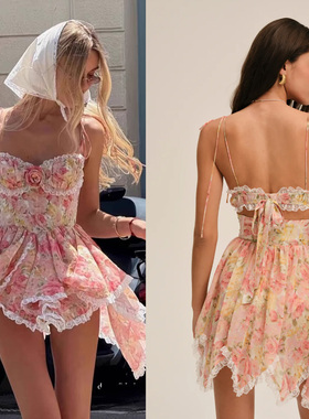 热辣假日for love泰式多巴胺碎花减龄甜美收腰不规则蕾丝边吊带裙