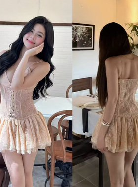 夜色迷人越南小众蕾丝刺绣网纱迷你纯欲风芭蕾绑带吊带裙收腰短裙