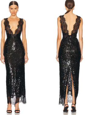 暗夜女王 性感轻奢拼蕾丝深V修身礼服裙亮片连衣裙氛围感收腰长裙