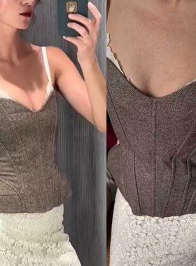 榛果树下收腰撞色边性格美背吊带后拉链设计蕾丝边拼接休闲上衣女