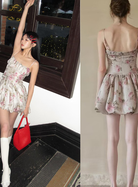 玫瑰遇上山茶 又甜又撩印花仙女吊带裙迷你气质性感连衣裙短裙女