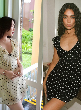 巴黎贝甜 法式波点荷叶边绑带收腰连衣裙V领蝴蝶结浪漫少女度假裙