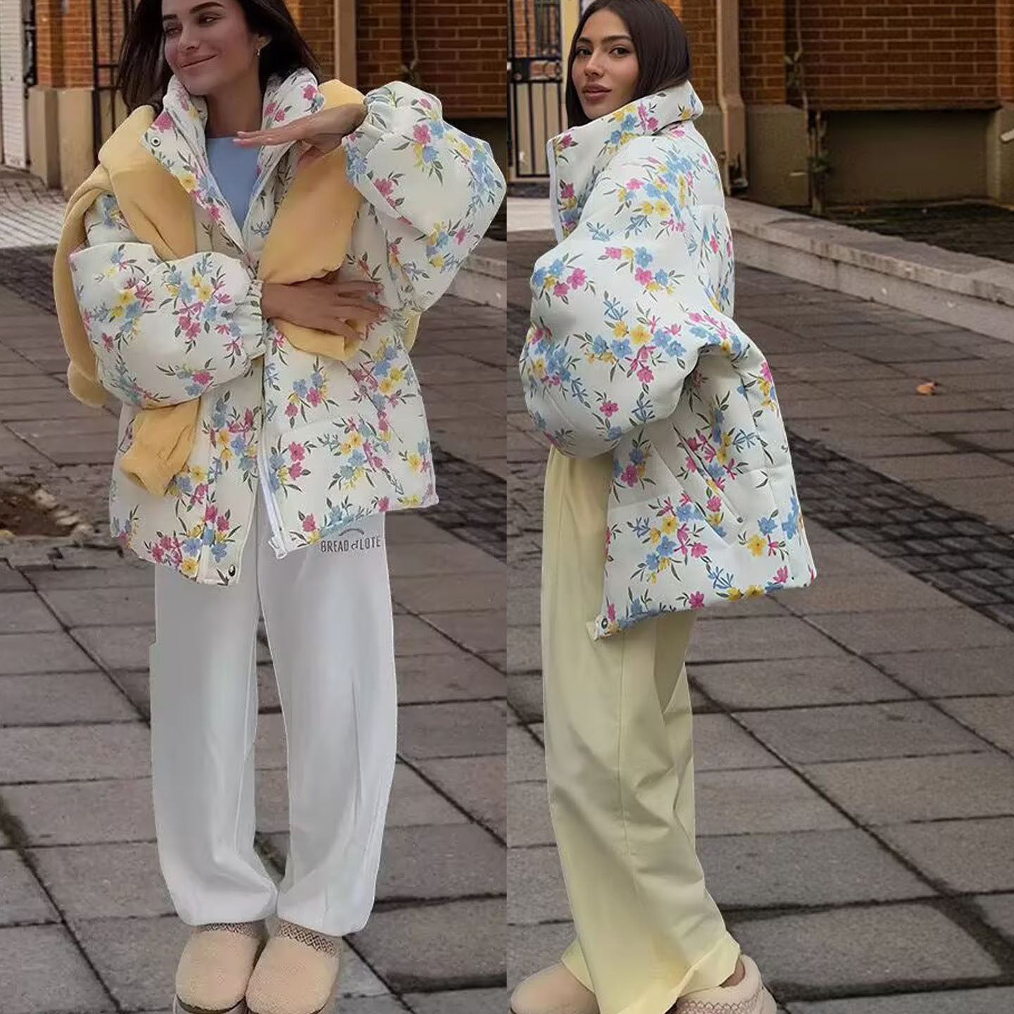 加厚花朵印花中长款宽松棉衣