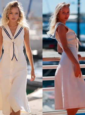 航海假日 法式复古水手领海军领连衣裙氛围感度假风小众开叉长裙