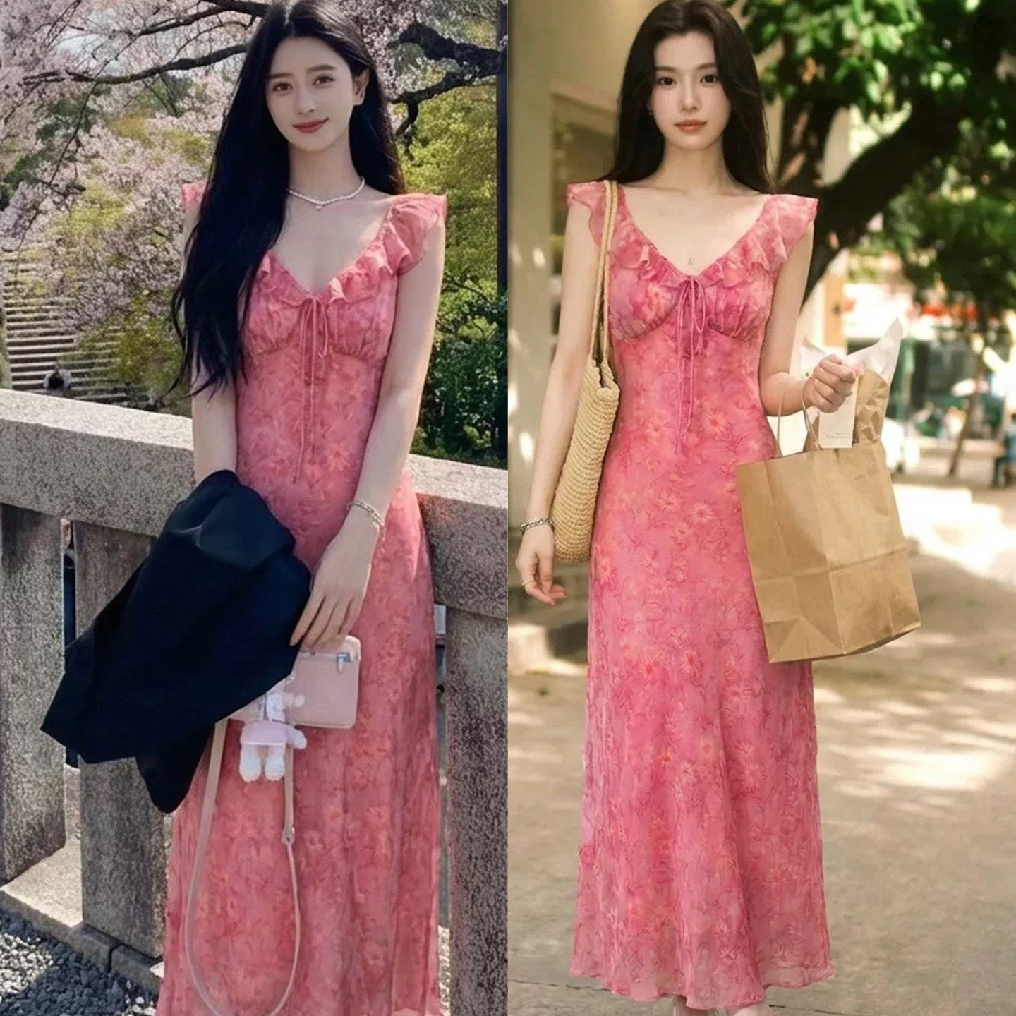 晚霞花卉 V领荷叶边度假连衣裙甜美收腰蝴蝶结绑带碎花吊带裙长裙