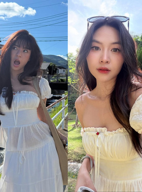 南法花镜 初恋花边拼接蝴蝶结系带上衣一字肩泡泡袖露肩收腰衬衫