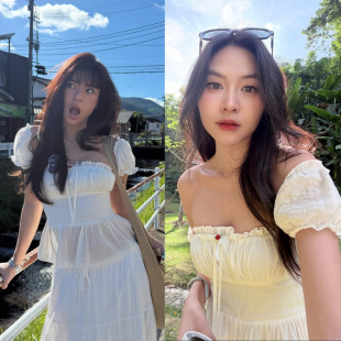 露肩收腰衬衫 南法花镜 初恋花边拼接蝴蝶结系带上衣一字肩泡泡袖