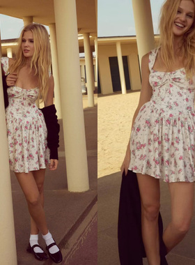 田园碎花方领绑带美背收腰甜美度假吊带裙春夏新款休闲短款连衣裙