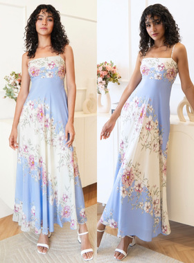 渐变花朝记 度假风显瘦定位印花连衣裙后背松紧温柔气质吊带长裙