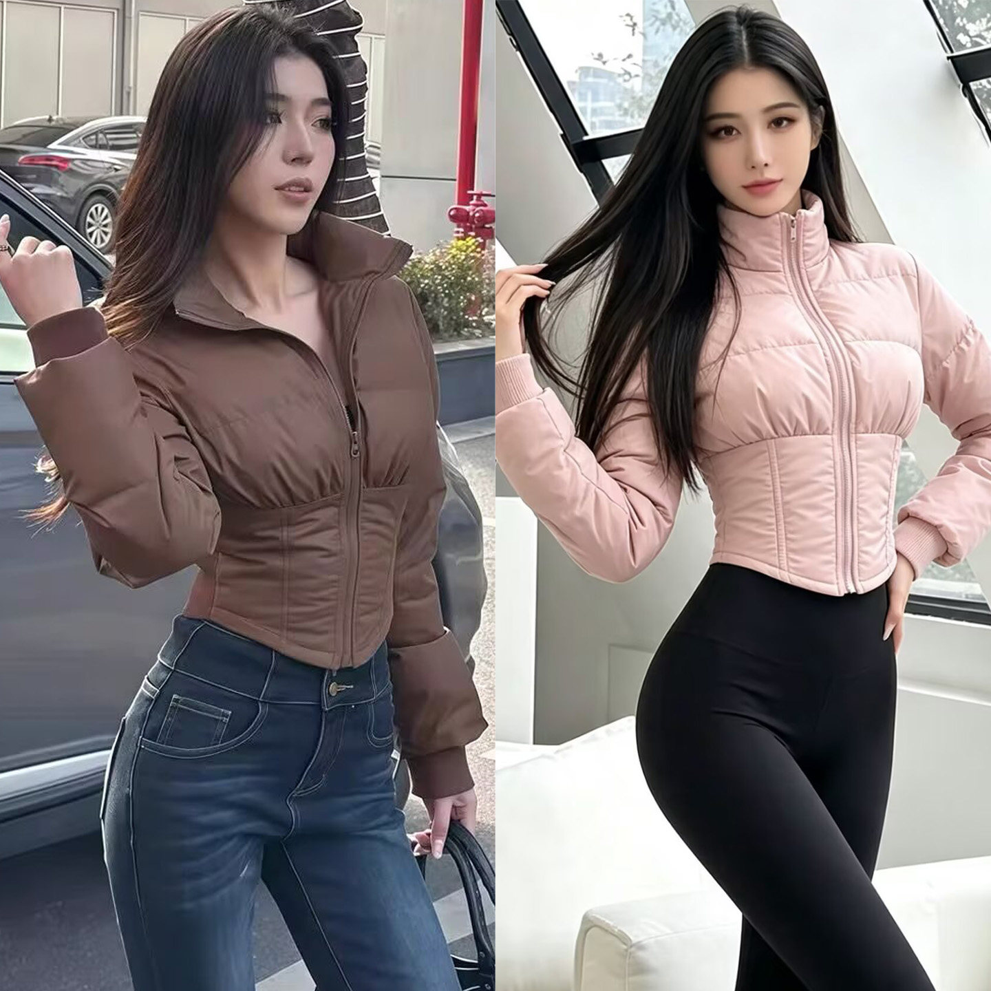 高腰修身收腰双拉链棉服外套
