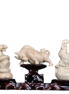 缘纯桃木三合生肖蛇摆件客厅