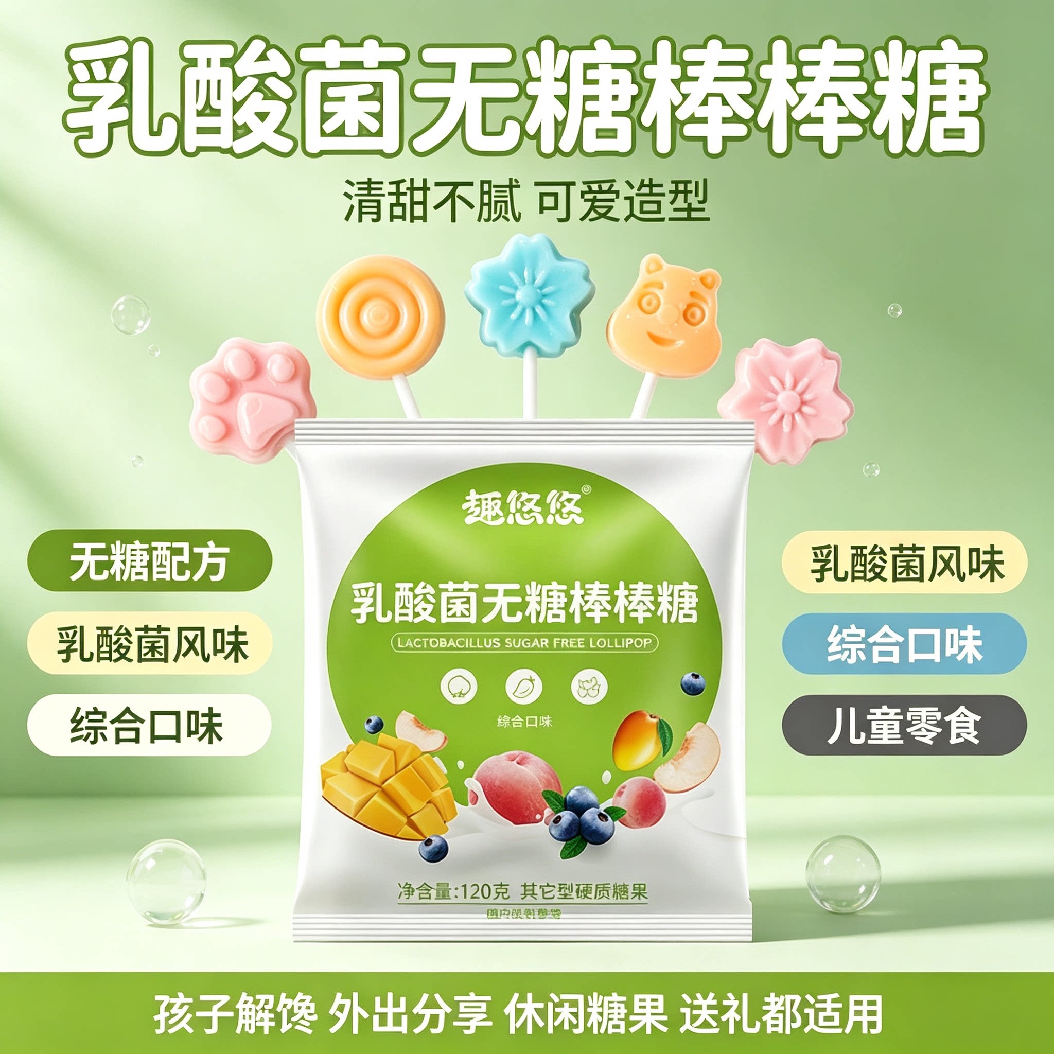 趣悠悠无糖乳酸菌棒棒糖综合口味