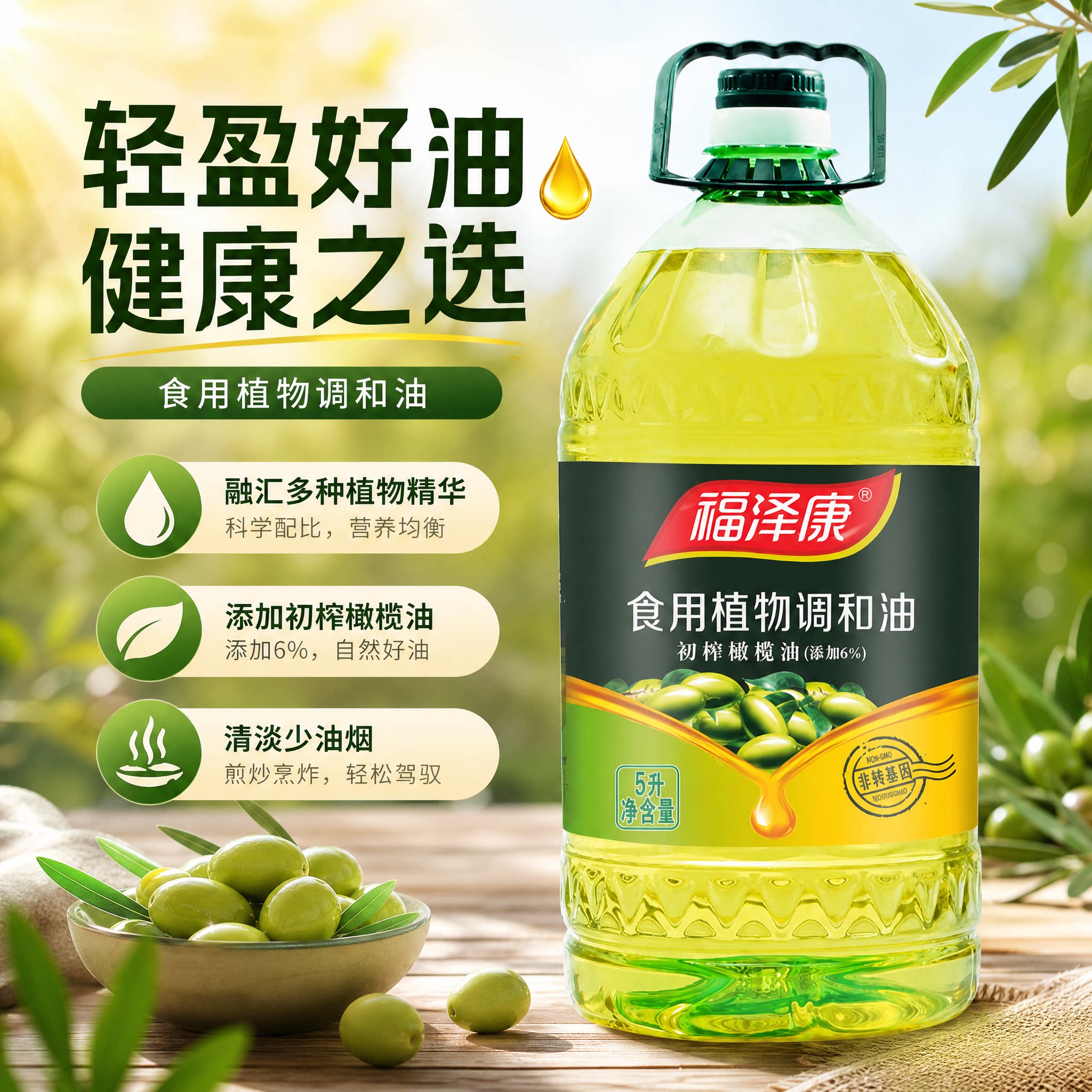 福泽康5L橄榄食用植物调和油花生油玉米油橄榄油家庭装煎炒烹炸