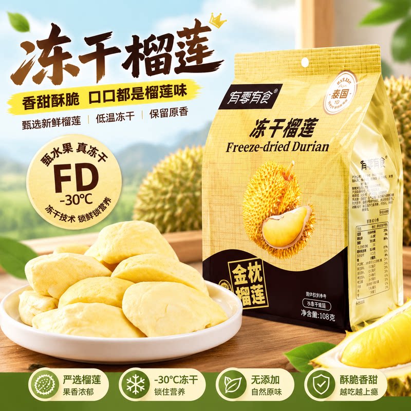 有零有食冻干榴莲108g大袋网红水果干正宗金枕榴莲干泰国水果零食