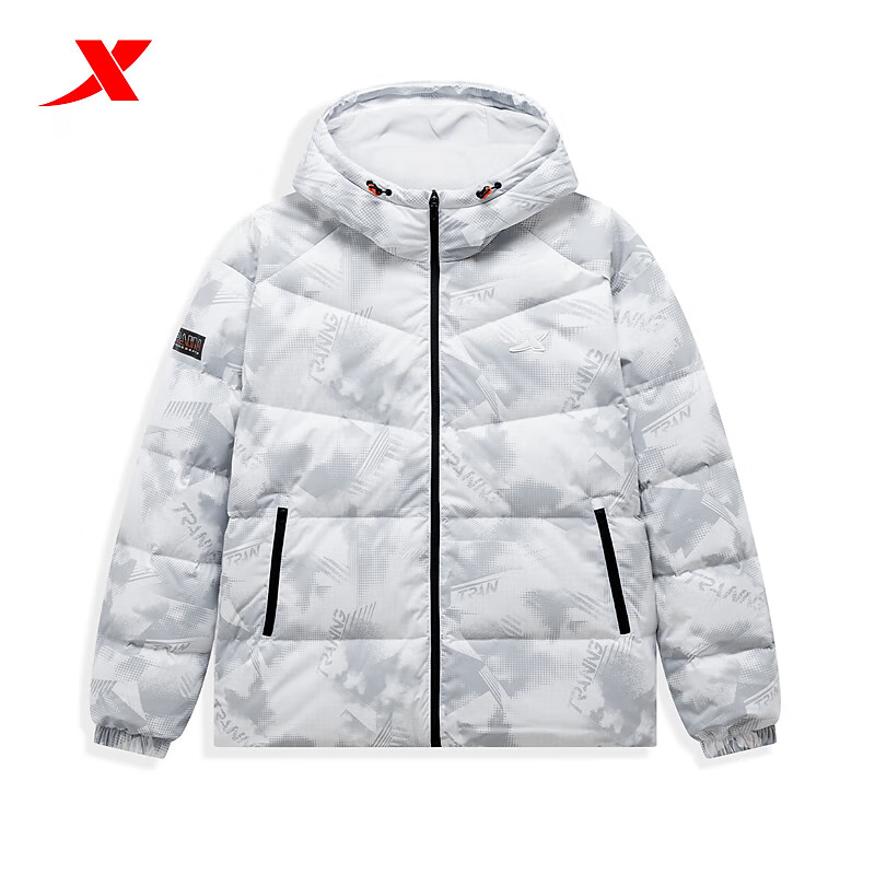特步羽绒服男款冬季新款正品满印连帽防风加厚保暖上衣男装外套