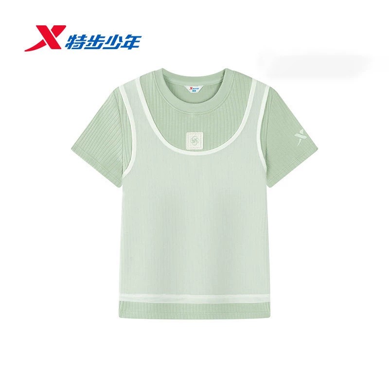 特步儿童短袖T恤2026秋季新款女童弹力假两件运动衫674324014517