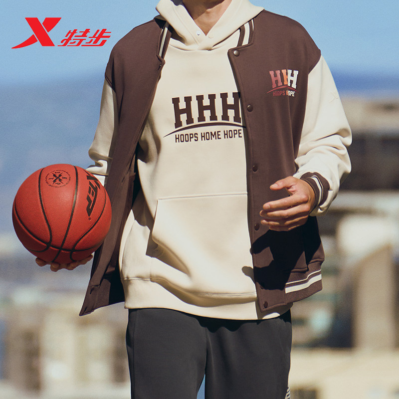 特步外套男款棒球服2026春新款篮球运动加绒针织上衣974129060155