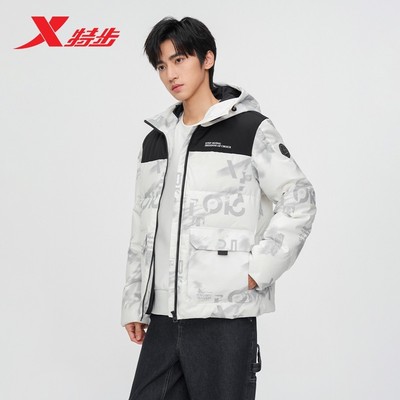 特步范丞丞同款羽绒服男士2025年冬连帽保暖满印外套975429190202